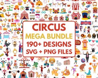 Circus SVG Mega Bundle 190+ Designs | Carnival Clipart Bundle | Circus Tent, Clown, Animals, Ferris Wheel SVG PNG for Cricut & Silhouette