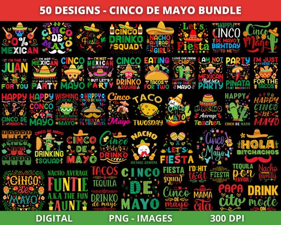 50+ Cinco De Mayo Png Bundle, Mexican Party Png, Let's Fiesta Png, Mexico Tequila Png, Tacos Png, Nachos Hat, Sublimation Design Download