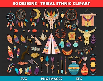 Ethnic Clipart, Boho clipart, Tribal clipart, Dreamcatcher, Feather clipart, Arrow clipart, Bohemian clipart, Instant Download SVG and PNG