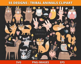 Woodland Animals SVG, Tribal Animals Clipart, Forest Animal SVG & PNG (Digital Download)