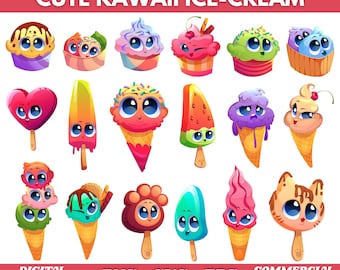 Kawaii Ice Cream Characters Clipart, Letnie Słodycze SVG PNG Pobieranie Cyfrowe