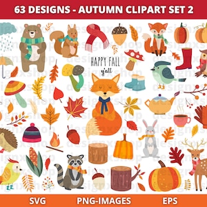 Autumn Animals Clipart: Fall Leaves, 63 PNG & SVG Elements (Digital Download)