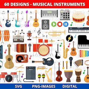 Clipart muziekinstrumenten | Muziekbundel | Gitaar | Viool | Drums | Xylofoon | Messing | Houtblazers | Piano | Trompet | Orkest | PNG-svg