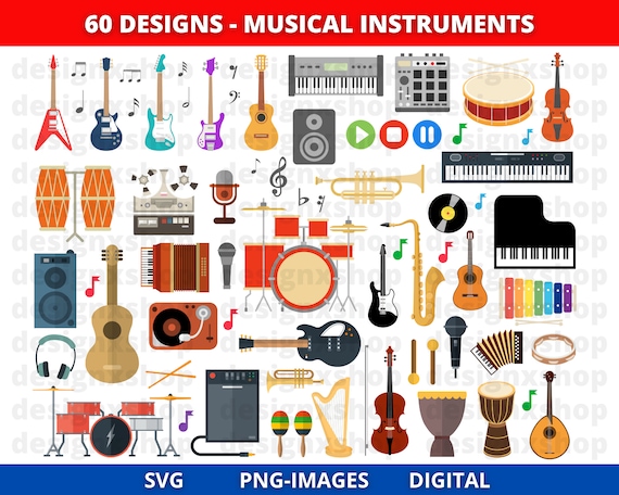 Musical Instruments Clipart | Music Bundle | Guitar | Violin | Drums | Xylophone | Brass | Woodwind | Piano | Trumpet | Orchestra | PNG SVG