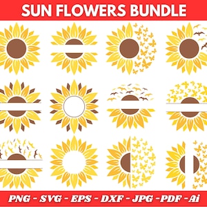 May include: A collection of sunflower designs in yellow and brown, with variations including butterflies and birds. The text "SUN FLOWERS BUNDLE" is at the top. File formats include PNG, SVG, EPS, DXF, JPG, PDF, and Ai.