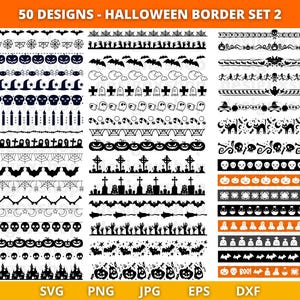 May include: A set of 50 black and white Halloween border designs. The designs include bats, pumpkins, skulls, ghosts, witches' hats, and more. The designs are perfect for adding a spooky touch to your Halloween projects.