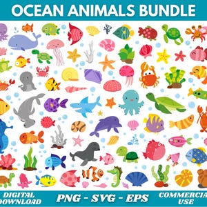 May include: A collection of colorful cartoon ocean animals, including fish, whales, crabs, turtles, and jellyfish. The image includes the text "OCEAN ANIMALS BUNDLE" at the top and "DIGITAL DOWNLOAD PNG - SVG - EPS COMMERCIAL USE" at the bottom.