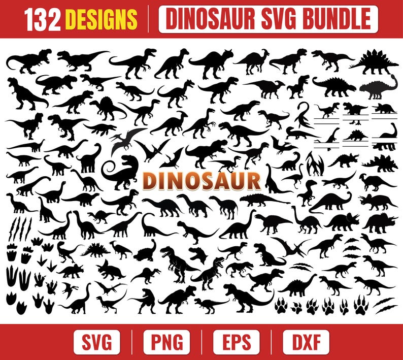 132 dinosaur silhouette SVG bundle featuring T-Rex, Triceratops, Stegosaurus, Velociraptor, Brontosaurus, dinosaur footprints, claw marks, and prehistoric clipart for Cricut, Silhouette, and Glowforge.
