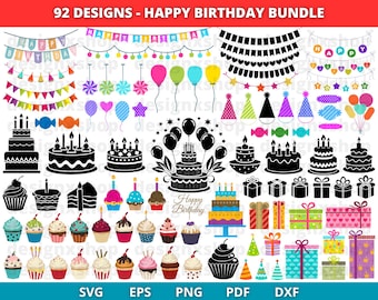Imágenes prediseñadas para fiestas de cumpleaños: pastel, globos, guirnalda, cupcakes, banderines (SVG y PNG) (descarga digital)