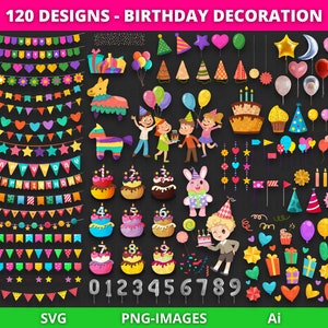 Clipart de aniversário, Clip Art digital, Bolo de aniversário, Presentes, Velas, Balões, Clipart de guirlanda, clipart de festa, Download instantâneo SVG e PNG