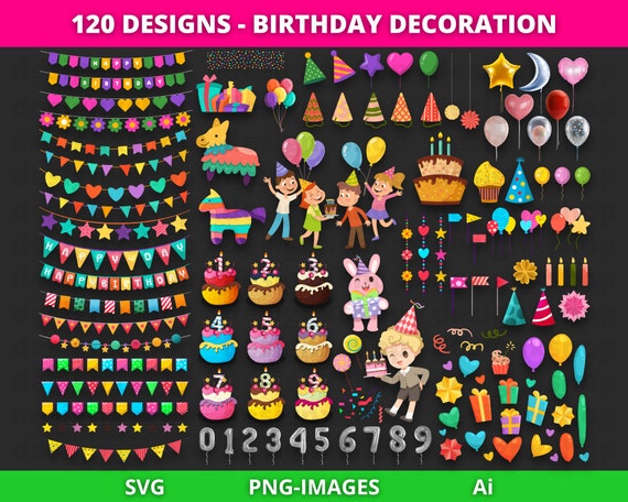 Birthday Clipart, Digital Clip Art, Birthday Cake, Gifts, Candles, Balloons, Garland Clipart, party clipart, Instant Download SVG and PNG