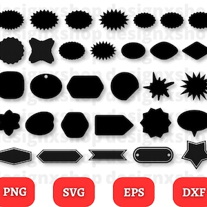 May include: A set of 25 black and white silhouette shapes for crafting and design projects. The shapes include stars, circles, squares, rectangles, and more. The shapes are in PNG, SVG, EPS, and DXF formats.