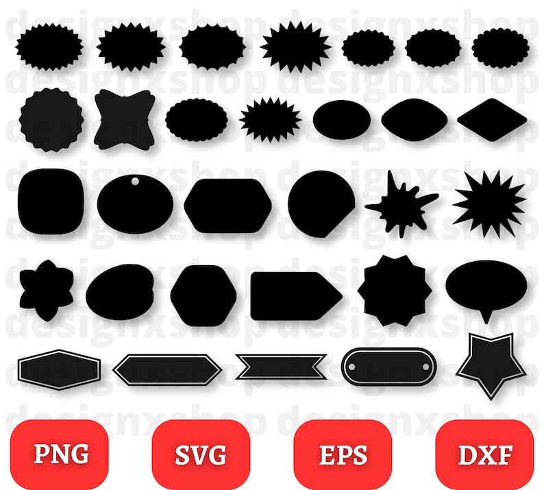 May include: A set of 25 black and white silhouette shapes for crafting and design projects. The shapes include stars, circles, squares, rectangles, and more. The shapes are in PNG, SVG, EPS, and DXF formats.