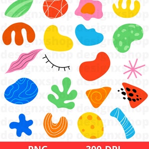 May include: A set of 18 colorful abstract shapes, including a leaf, a star, a swirl, a wavy line, and a circle with polka dots. The shapes are in various colors, including red, orange, yellow, green, blue, and pink.