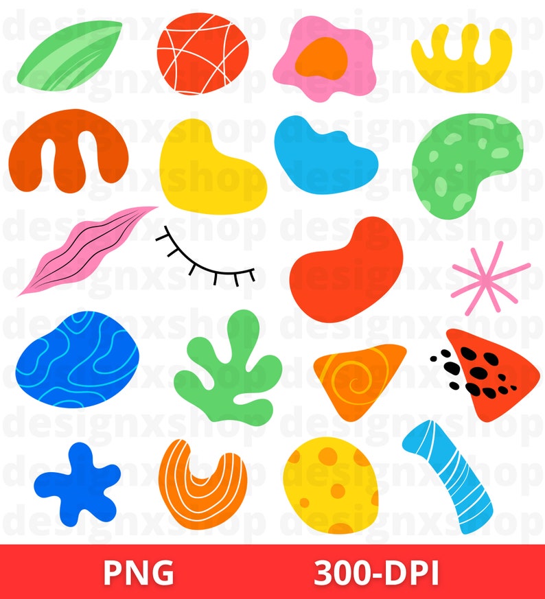 May include: A set of 18 colorful abstract shapes, including a leaf, a star, a swirl, a wavy line, and a circle with polka dots. The shapes are in various colors, including red, orange, yellow, green, blue, and pink.