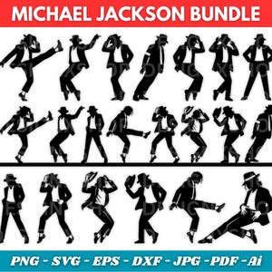 Puede incluir: Conjunto de siluetas en blanco y negro que representan a una persona con traje y sombrero fedora en varias poses. El texto "MICHAEL JACKSON BUNDLE" est&aacute; en la parte superior. Incluye formatos de archivo: PNG, SVG, EPS, DXF, JPG, PDF y Ai.