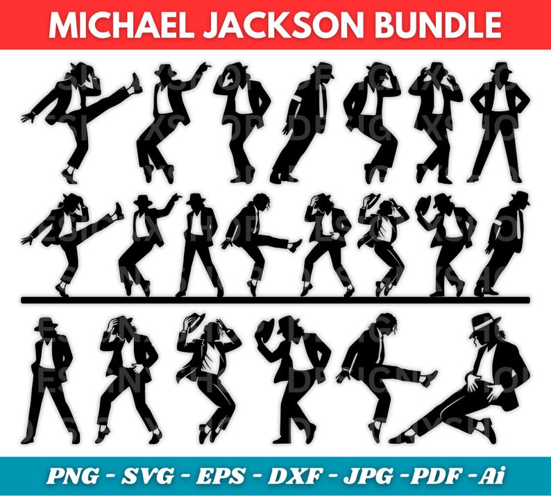Puede incluir: Conjunto de siluetas en blanco y negro que representan a una persona con traje y sombrero fedora en varias poses. El texto "MICHAEL JACKSON BUNDLE" est&aacute; en la parte superior. Incluye formatos de archivo: PNG, SVG, EPS, DXF, JPG, PDF y Ai.
