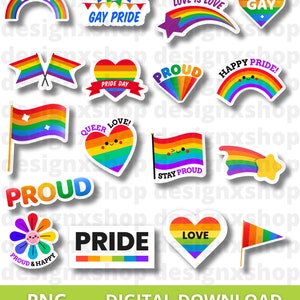 May include: A collection of colourful stickers featuring rainbow designs, hearts, and flags with text including Love, Gay, Gay Pride, Proud, Happy Pride, Queer Love, Stay Proud, and Pride. The stickers display various shapes like stars, flowers, and banners.