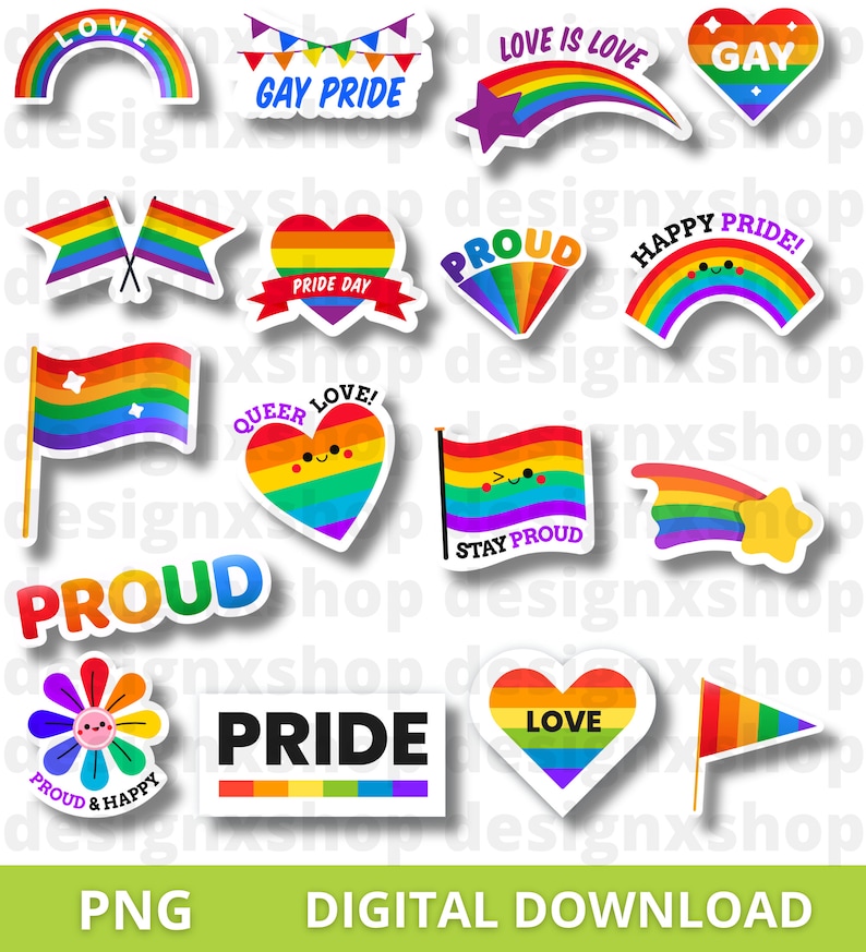 May include: A collection of colourful stickers featuring rainbow designs, hearts, and flags with text including Love, Gay, Gay Pride, Proud, Happy Pride, Queer Love, Stay Proud, and Pride. The stickers display various shapes like stars, flowers, and banners.