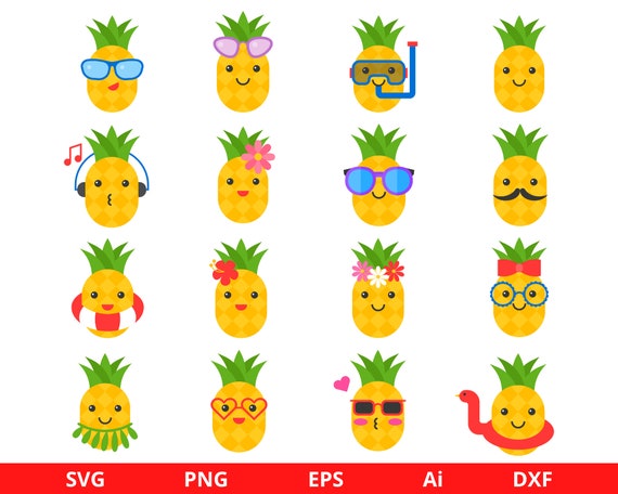Pineapple SVG Bundle, Pineapple Clipart, Cute Pineapples, Kawaii Clipart, Summer Clipart, Pineapple Sunglasses For Cricut, Digital Download