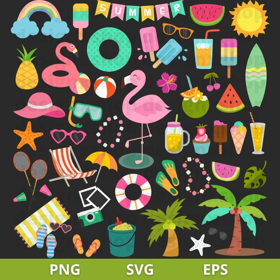 Summer Beach clipart, Cute Summer clipart, Pool party clipart, Vacation clipart, Beach clipart, sunglasses, palm tree - Instant Download