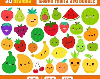 Kawaii-Früchte-SVG-Bundle | 30 niedliche Frucht-Cliparts (SVG, PNG, EPS) | Cartoon-Sommerfrüchte-Schnittdateien für Cricut, Aufkleber & Sublimation