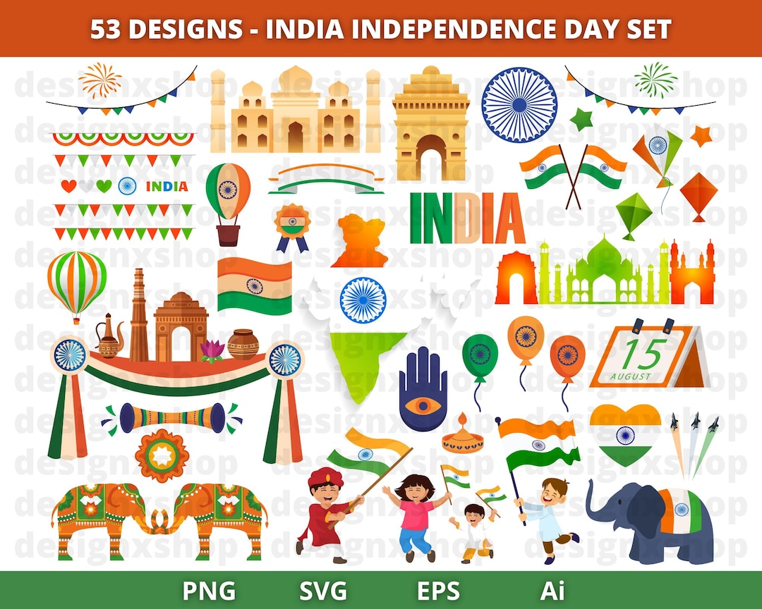 India Independence Day clipartbundel | 53 ontwerpen SVG PNG EPS AI |  Indiase vlag, monumenten, kinderen, ballonnen, 15 augustus Graphics for  Crafts - Etsy België, image size:1080x864