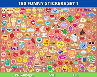 Puede incluir: Un conjunto de 150 pegatinas divertidas y coloridas con varios diseños, incluyendo emojis, alimentos y frases como "OMG!" y "LOL." Las pegatinas están dispuestas sobre un fondo marrón texturizado. El conjunto incluye formatos PNG, SVG y EPS.