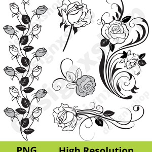 May include: Five black and white illustrations of roses with intricate floral designs. The roses are drawn in a classic style with detailed petals and leaves.