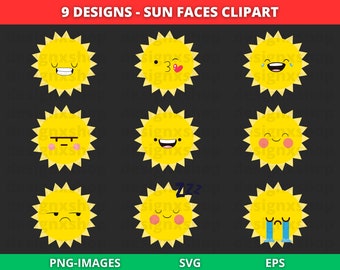 Sun Faces Emoji Clipart: 9 SVG & PNG Designs (Digital Download)