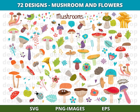 Mushroom Clipart, Printable Mushrooms PNG, Vintage flower clipart, Floral clipart, Colorful Flowers and Mushrooms, Download SVG and PNG