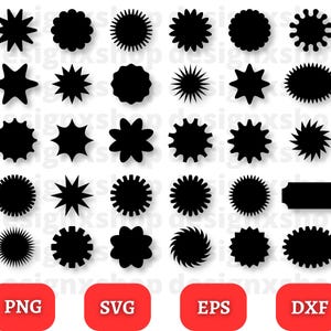 May include: A set of 20 black and white silhouette shapes, including stars, flowers, and geometric shapes. The shapes are arranged in a grid pattern and are ready to be used for crafting, scrapbooking, or digital design projects. The image also includes text labels for PNG, SVG, EPS, and DXF file formats.