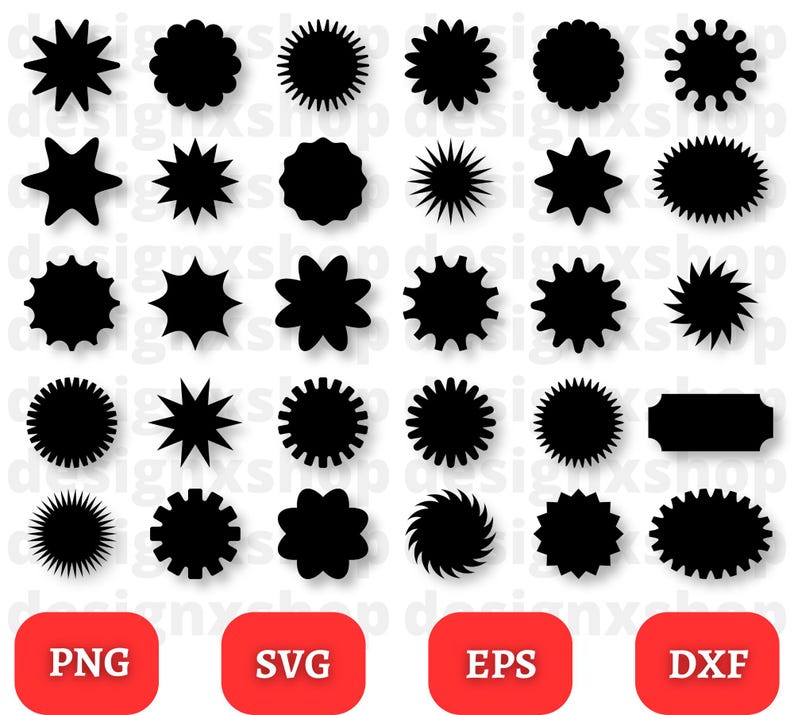 May include: A set of 20 black and white silhouette shapes, including stars, flowers, and geometric shapes. The shapes are arranged in a grid pattern and are ready to be used for crafting, scrapbooking, or digital design projects. The image also includes text labels for PNG, SVG, EPS, and DXF file formats.