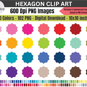 Hexagon Clipart, Colorful Hexagon Clipart, Rainbow Hexagon Graphic Planner Clipart, Hexagon svg, Digital Download - 100 PNG Images