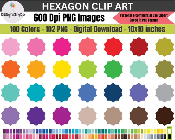 Hexagon Clipart, Colorful Hexagon Clipart, Rainbow Hexagon Graphic Planner Clipart, Hexagon svg, Digital Download - 100 PNG Images