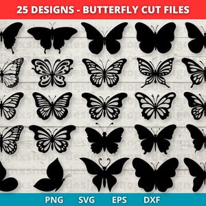 May include: A set of 25 black butterfly cut files for crafting projects. The butterflies are in various poses and sizes. The image includes the text "25 DESIGNS - BUTTERFLY CUT FILES" and the words "PNG SVG EPS DXF".