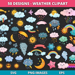 Weather clipart, rainbow clipart, sun clipart, cloud clipart, rain clipart, weather graphics, weather icons, storm clipart, Instant Download