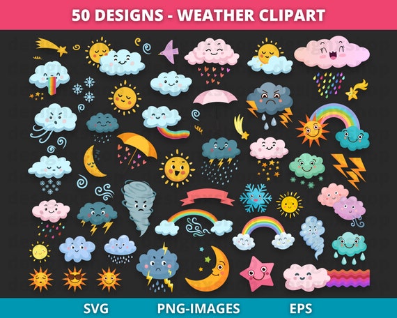 Weather clipart, rainbow clipart, sun clipart, cloud clipart, rain clipart, weather graphics, weather icons, storm clipart, Instant Download