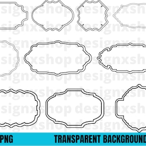 May include: Set of ten black and white outline frames with different shapes and sizes. The frames are perfect for adding a decorative touch to any project.