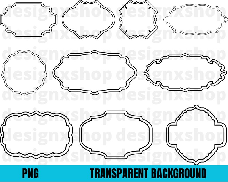 May include: Set of ten black and white outline frames with different shapes and sizes. The frames are perfect for adding a decorative touch to any project.