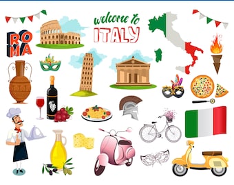Pack d'images PNG sur le thème de l'Italie | Pack de clipart Italie | Monuments de Rome (SVG, PNG, EPS) | Graphismes pour des vacances en Italie | Utilisation commerciale Cricut