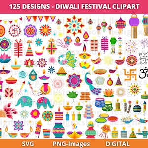 ディワリ祭のクリップアート、インドのお祭りのクリップアート、ディワリ祭のクリップアート、ディーパバリ svg、ディヤ、ランタン、象、蓮、孔雀、デジタル ダウンロード