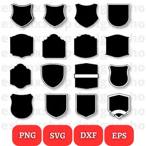 May include: Set of 16 black and white shield and crest shapes. The shapes are in various styles, including classic shields, crests, and banners. The shapes are perfect for adding a touch of heraldry to your designs.