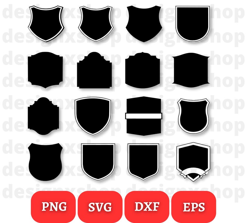 May include: Set of 16 black and white shield and crest shapes. The shapes are in various styles, including classic shields, crests, and banners. The shapes are perfect for adding a touch of heraldry to your designs.