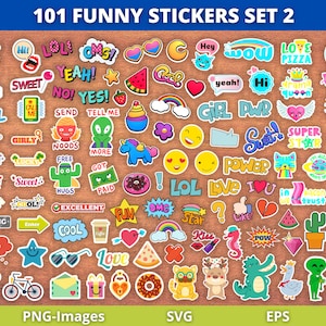May include: A collection of 101 colorful and fun stickers with various designs and text. The stickers include phrases like "OMG!", "LOL", "Sweet", and "Cool", along with images of emojis, food, and other cute illustrations. The set is labeled "101 Funny Stickers Set 2".
