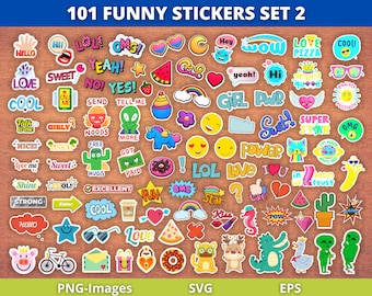 Paquete de pegatinas divertidas: 101 diseños PNG y SVG (descarga digital)