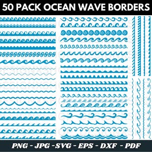 May include: A collection of 50 ocean wave borders in various styles and designs, in shades of blue. The image includes different wave patterns, from simple lines to intricate curls. The text "50 PACK OCEAN WAVE BORDERS" is at the top.