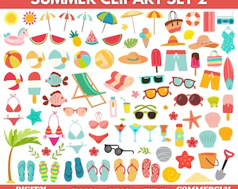 夏のクリップアートセット2、ビーチのクリップアート、夏のクリップアート、アイスキャンディーのクリップアート、トロピカルな楽しいクリップアート、バケーションのクリップアート、SVGとPNGの即時ダウンロード