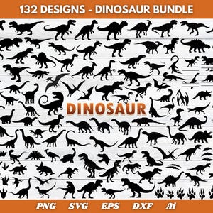 Puede incluir: Una colección de 132 diseños de dinosaurios en silueta negra. La imagen incluye varias especies de dinosaurios, huellas y la palabra "DINOSAURIO". Los diseños están disponibles en formatos PNG, SVG, EPS, DXF y Ai.
