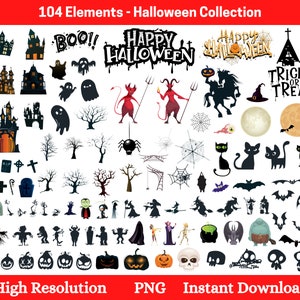 May include: A collection of 104 Halloween themed illustrations, including ghosts, bats, pumpkins, witches, skeletons, spiders, and more. The text "BOO!" and "HAPPY HALLOWEEN" are also included.